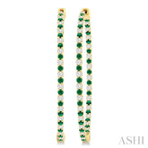 1.8 MM Emerald and Alternating 1 1/2 Ctw Round Cut Inside-Out Diamond Precious Hoop Earrings in 14K Yellow Gold