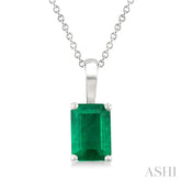 6X4 MM Octagon Shape Emerald Precious Solitaire Pendant With Chain in 14K White Gold