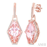 16x10 MM Hexagon Shape Morganite and 1/4 Ctw Round Cut Diamond Halo Semi-Precious Earrings in 14K Rose Gold