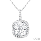 9X9 MM Cushion Cut White Topaz and 1/4 Ctw Round Cut Diamond Semi-precious Pendant in 14K White Gold with Chain