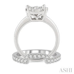 1 1/3 Ctw Lovebright Round Cut Diamond Wedding Set With 1 Ctw Circular Engagement Ring and 1/3 Ctw U-Shape Center Wedding Band in 14K White Gold