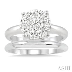 1 Ctw Lovebright Round Cut Diamond Wedding Set With 3/4 Ctw Circular Engagement Ring and 1/3 Ctw U-Shape Center Wedding Band in 14K White Gold