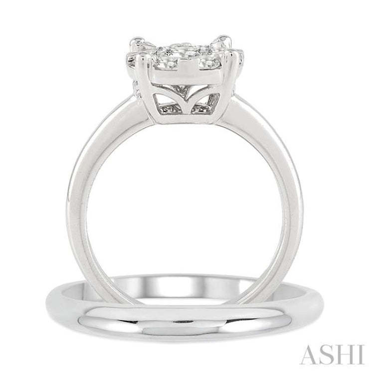 1 Ctw Lovebright Round Cut Diamond Wedding Set With 3/4 Ctw Circular Engagement Ring and 1/3 Ctw U-Shape Center Wedding Band in 14K White Gold