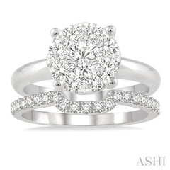 3/4 Ctw Lovebright Round Cut Diamond Wedding Set With 1/2 Ctw Circular Engagement Ring and 1/4 Ctw U-Shape Center Wedding Band in 14K White Gold