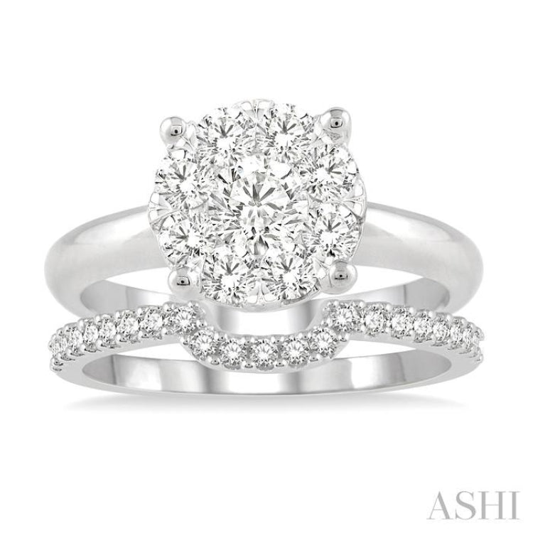 3/8 Ctw Lovebright Round Cut Diamond Wedding Set With 1/4 Ctw Circular Engagement Ring and 1/6 Ctw U-Shape Center Wedding Band in 14K White Gold