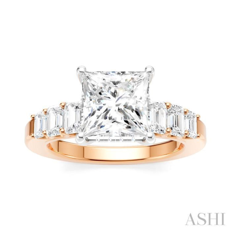 1 Ctw Princess Shape Emerald and Round Cut Diamond Semi-Mount Engagement Ring in 14K Rose and White Gold