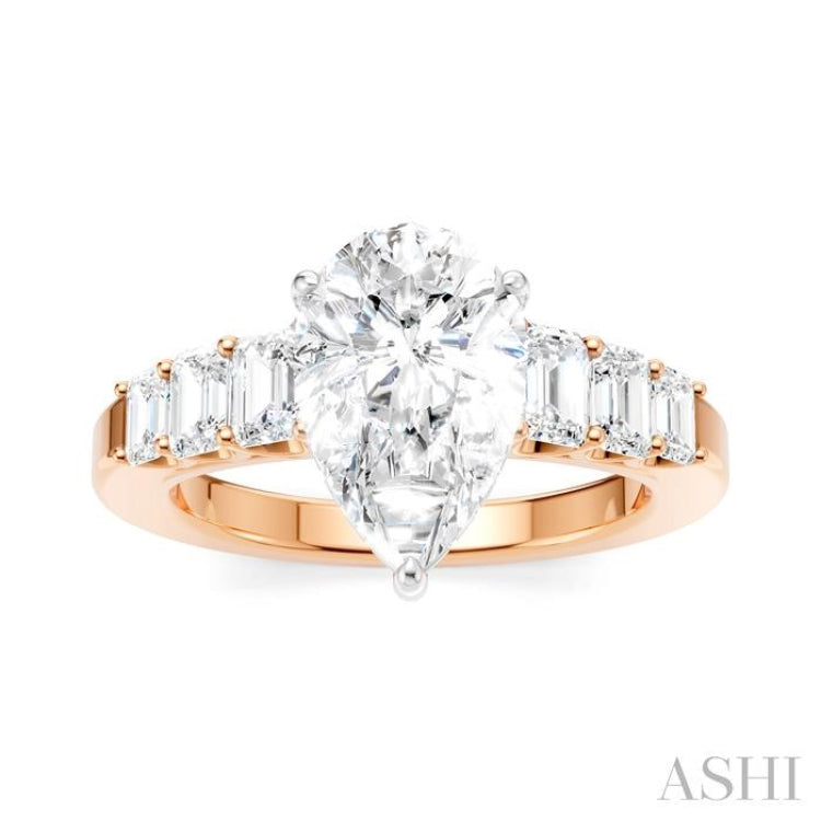 1 Ctw Pear Shape Emerald and Round Cut Diamond Semi-Mount Engagement Ring in 14K Rose and White Gold