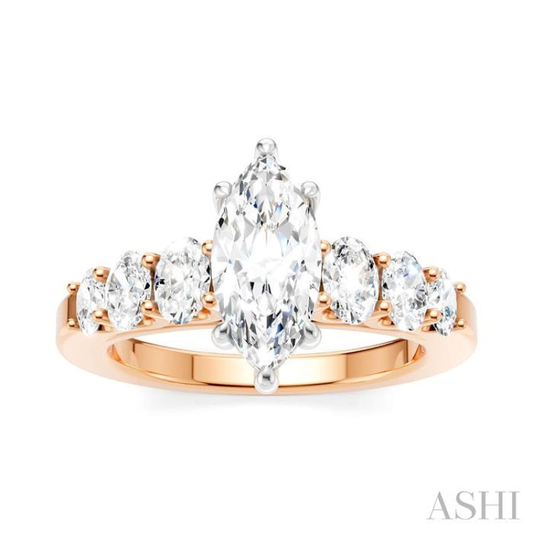 1 Ctw Marquise Shape Oval and Round Cut Diamond Semi-Mount Engagement Ring in 14K Rose and White Gold
