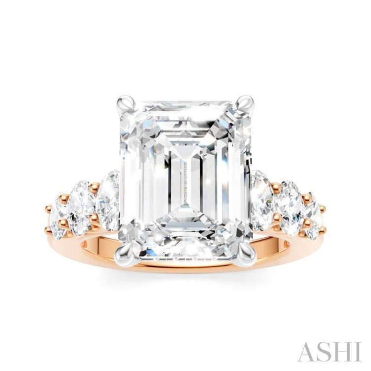 1 1/4 Ctw Emerald Shape Oval and Round Cut Diamond Semi-Mount Engagement Ring in 14K Rose and White Gold