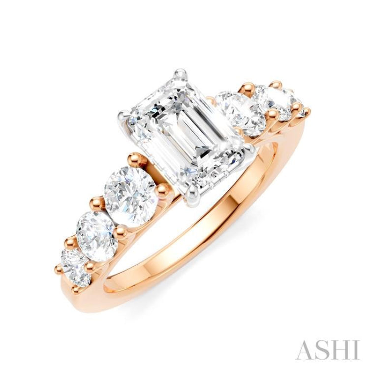 1 1/10 Ctw Emerald Shape Round Cut Diamond Semi-Mount Engagement Ring in 14K Rose and White Gold