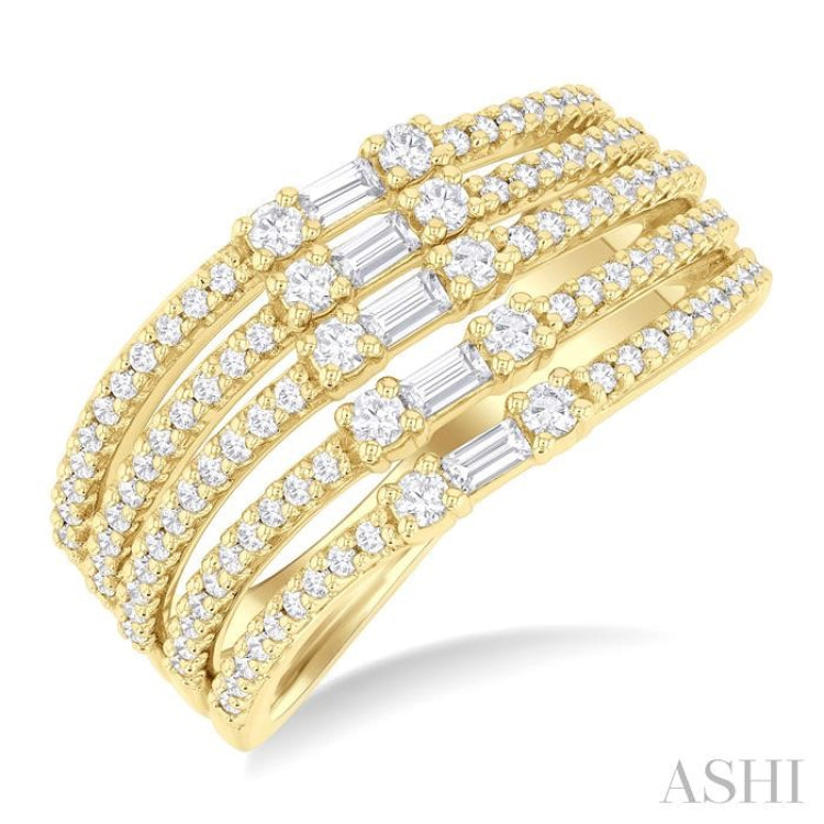 3/4 Ctw 5-Row Split Baguette and Round Cut Diamond Fashion Ring in 14K Yellow Gold