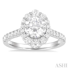 3/4 Ctw Scalloped Oval Centerpiece Circular Shape Round Cut Diamond Semi-Mount Engagement Ring in 14K White Gold