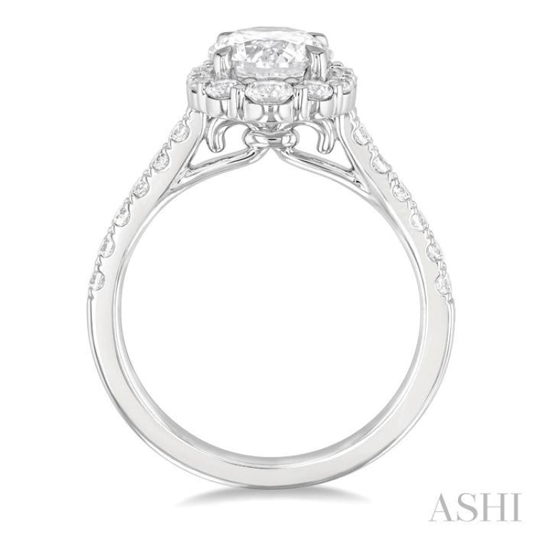 3/4 Ctw Scalloped Oval Centerpiece Circular Shape Round Cut Diamond Semi-Mount Engagement Ring in 14K White Gold