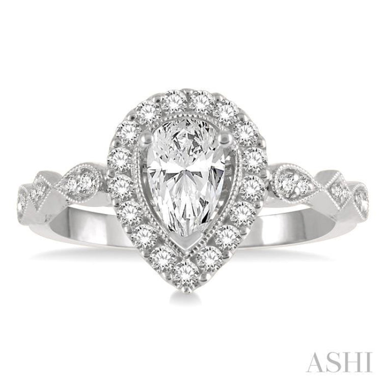 3/4 Ctw Carved Shank Round Cut Diamond Engagement Ring With 3/8 Ct Pear Cut Center Stone in 14K White Gold