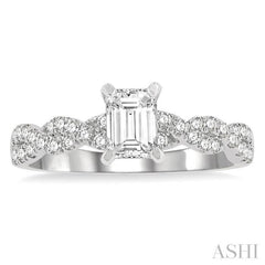 7/8 Ctw Twisted Shank Round Cut Diamond Engagement Ring With 1/2 Ct Emerald Cut Center Stone in 14K White Gold