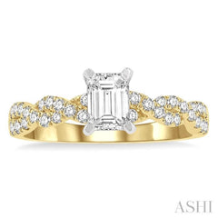 7/8 Ctw Twisted Shank Round Cut Diamond Engagement Ring With 1/2 Ct Emerald Cut Center Stone in 14K Yellow and White Gold