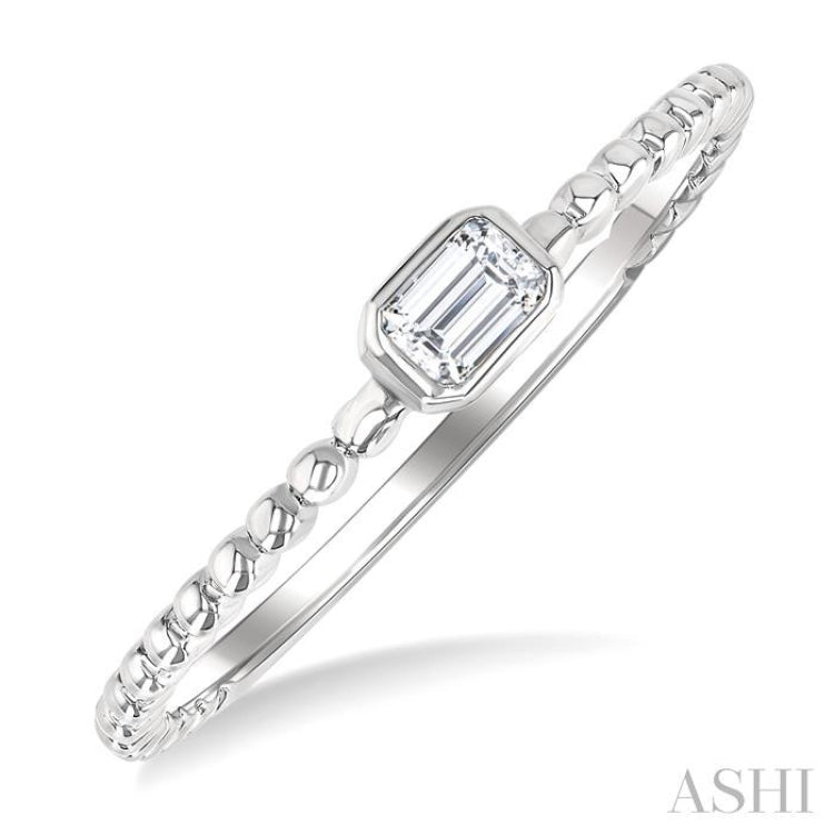 1/6 Ctw Ball Bead East-West Bezel Set Emerald Cut Diamond Stackable Petite Fashion Ring in 14K White Gold