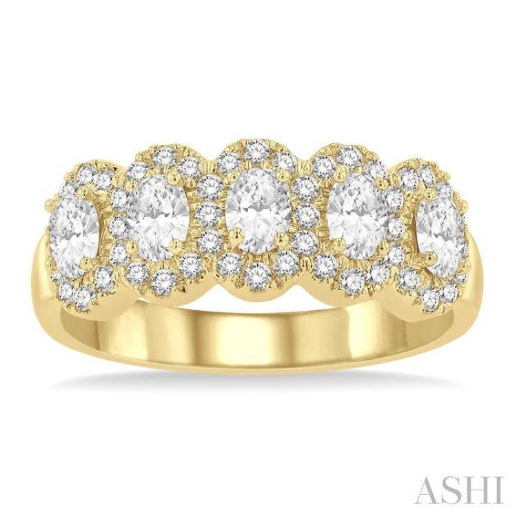 1 Ctw Oval Shape 5 Stone Oval & Round Cut Diamond Halo Wedding Band in 14K Yellow Gold