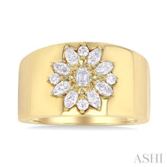 5/8 Ctw Mixed Cut Diamond Floral Centerpiece Bold Gold Wide Band in 14K Yellow Gold