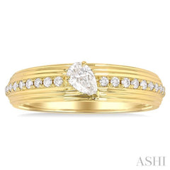 1/3 Ctw Textured Shank Tilted Pear and Round Cut Diamond Fashion Band in 14K Yellow Gold