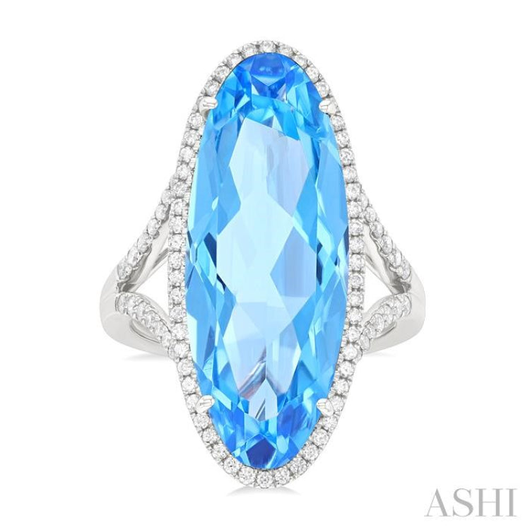 26x10 MM Oval Cut Blue Topaz and 1/2 Ctw Round Cut Diamond Halo Semi-Precious Ring in 14K White Gold