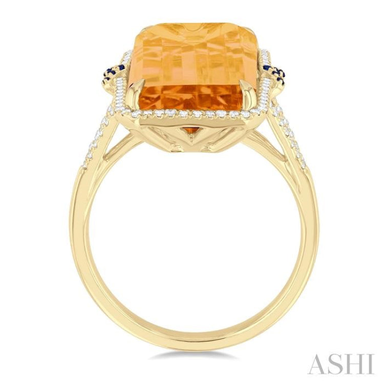 22x10 MM Emerald Cut Citrine and 0.80 MM Round Sapphire & 1/4 Ctw Round Cut Diamond Halo Precious & Semi-Precious Ring in 14K Yellow Gold