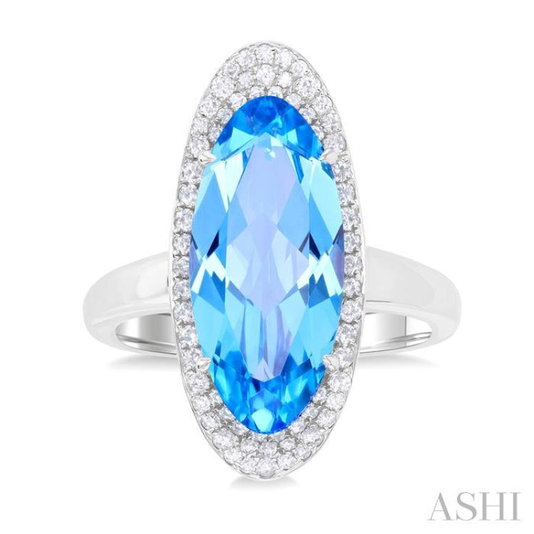 18x8 MM Oval Cut Blue Topaz and 1/3 Ctw Round Cut Diamond Halo Semi-Precious Ring in 14K White Gold