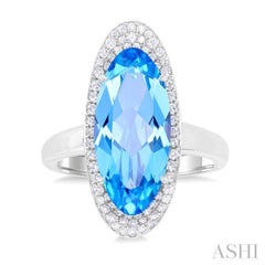 18x8 MM Oval Cut Blue Topaz and 1/3 Ctw Round Cut Diamond Halo Semi-Precious Ring in 14K White Gold