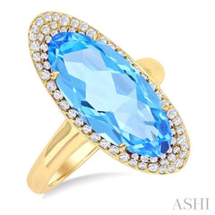 18x8 MM Oval Cut Blue Topaz and 1/3 Ctw Round Cut Diamond Halo Semi-Precious Ring in 14K Yellow Gold