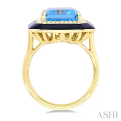 14x10 MM Emerald Cut Blue Topaz and 1/5 Ctw Round Cut Diamond Halo & Black Enamel Border Semi-Precious Ring in 14K Yellow Gold