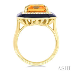 14x10 MM Emerald Cut Citrine and 1/5 Ctw Round Cut Diamond Halo & Black Enamel Border Semi-Precious Ring in 14K Yellow Gold
