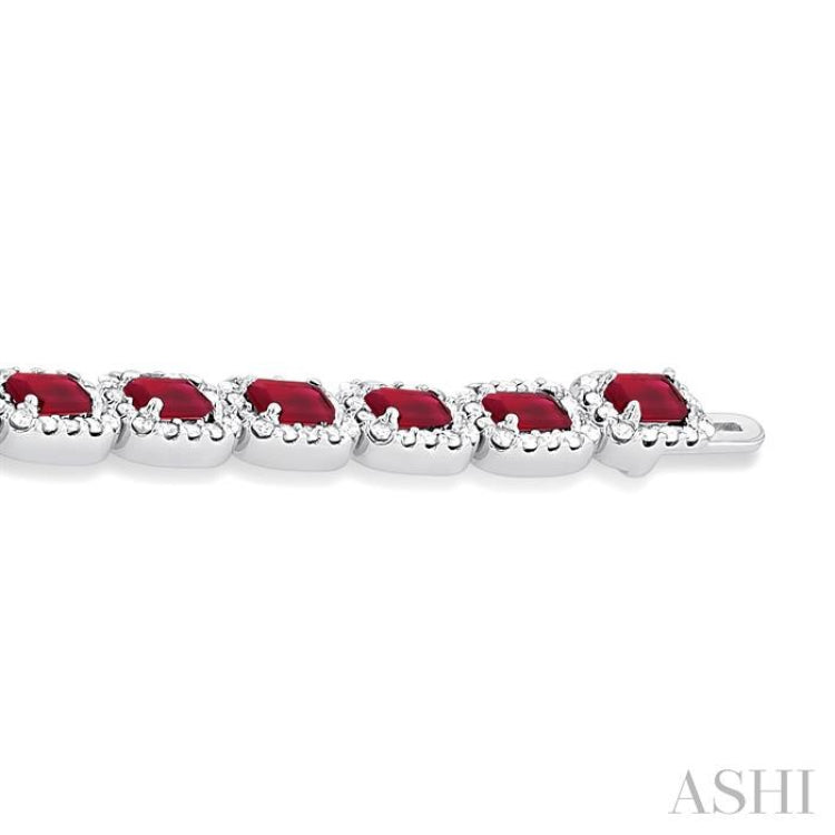 4X3 MM Emerald Cut Ruby and 2 1/5 Ctw Round Cut Diamond Halo Precious Bracelet in 14K White Gold