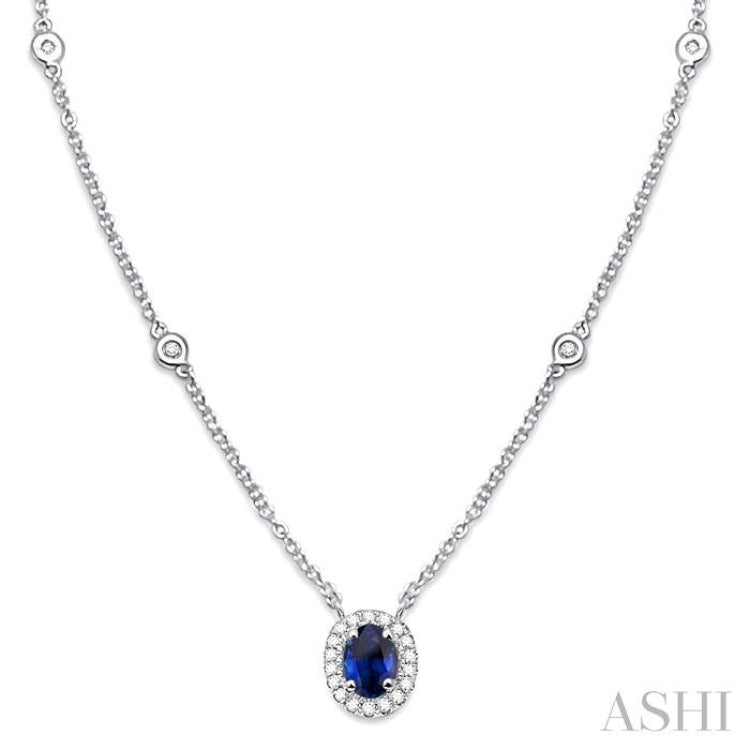 6x4 MM Oval Cut Sapphire and 1/6 Ctw Round Cut Diamond Necklace in 14K White Gold