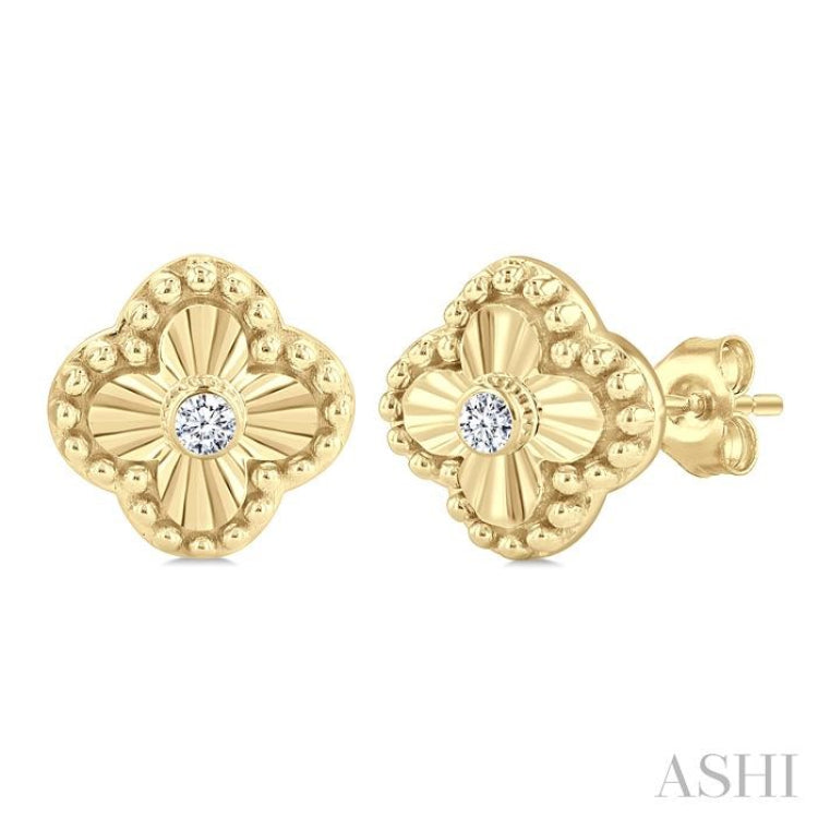 1/50 Ctw Fluted Texture Clover Bead Round Cut Diamond Bezel Set Fashion Earrings in 10K Yellow Gold