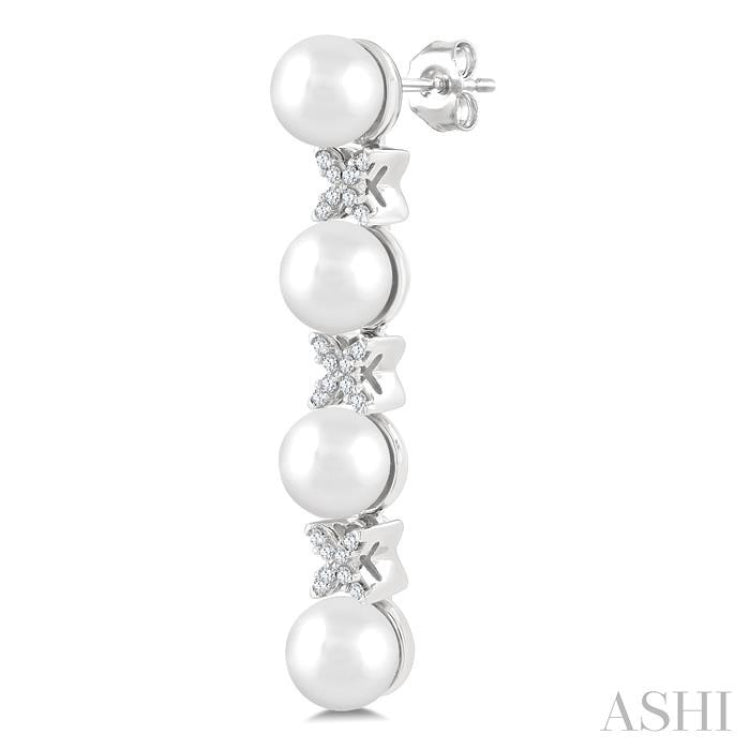 5 MM Cultured Pearl and 1/6 Ctw Round Cut Diamond Floral Fashion Earrings in 14K White Gold