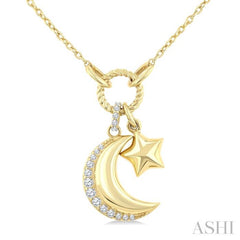 1/8 Ctw Crescent Moon & Star Charm Round Cut Diamond Fashion Pendant With Chain in 10K Yellow Gold