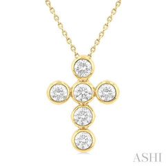 1 1/2 Ctw Round Cut Diamond 6-Stone Bezel Set Cross Pendant With Chain in 14K Yellow Gold