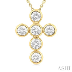 1 1/2 Ctw Round Cut Diamond 6-Stone Bezel Set Cross Pendant With Chain in 14K Yellow Gold