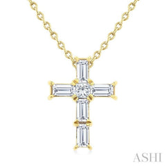 1/6 Ctw Princess and Baguette Cut Diamond Cross Petite Fashion Pendant With Chain in 10K Yellow Gold