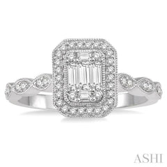 3/8 Ctw Emerald Shape Round Cut and Baguette Diamond Fusion Engagement Ring in 14K White Gold