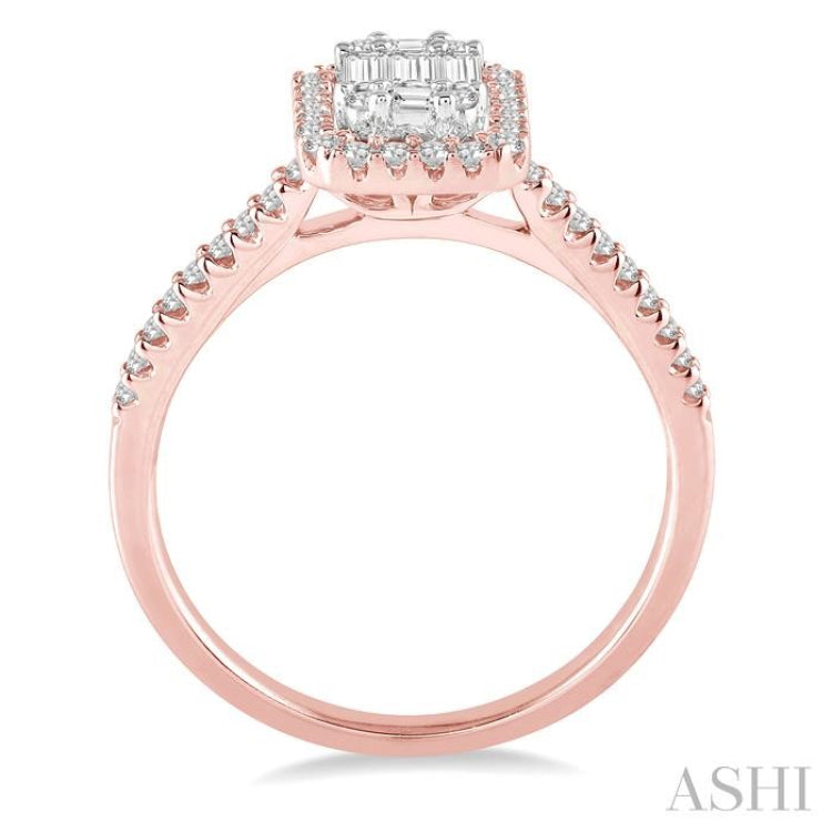 5/8 Ctw Emerald Shape Baguette and Round Cut Diamond Ring in 14K Rose and White Gold