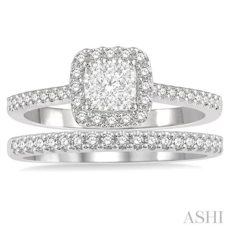 1/2 Ctw Lovebright Diamond Wedding Set With 1/3 Ct Square Shape Engagement Ring in White and Yellow Gold and 1/5 Ct Wedding Band in White Gold in 14K