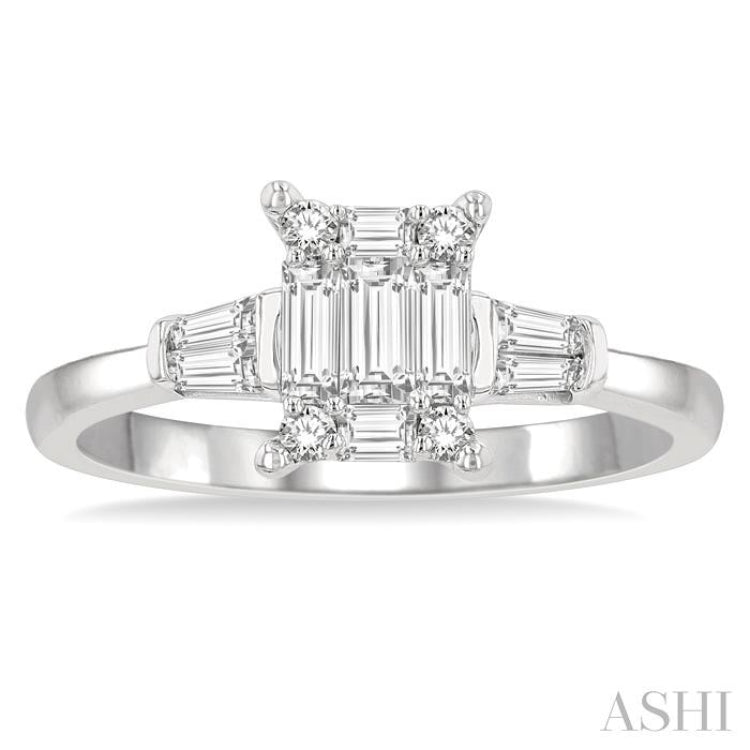 1/2 Ctw Modern Rectangular Head Baguette and Round Cut Diamond Ladies Ring in 14K White Gold