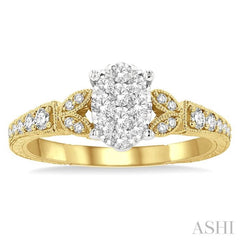 1/2 Ctw Oval Shape Leaf Carved Shank Lovebright Round Cut Diamond Engagement Ring in 14K Yellow and White Gold