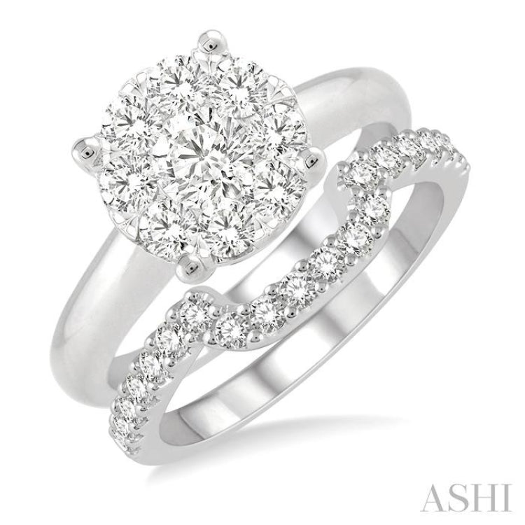 1 1/3 Ctw Lovebright Round Cut Diamond Wedding Set With 1 Ctw Circular Engagement Ring and 1/3 Ctw U-Shape Center Wedding Band in 14K White Gold