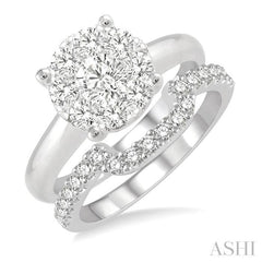 1 1/3 Ctw Lovebright Round Cut Diamond Wedding Set With 1 Ctw Circular Engagement Ring and 1/3 Ctw U-Shape Center Wedding Band in 14K White Gold