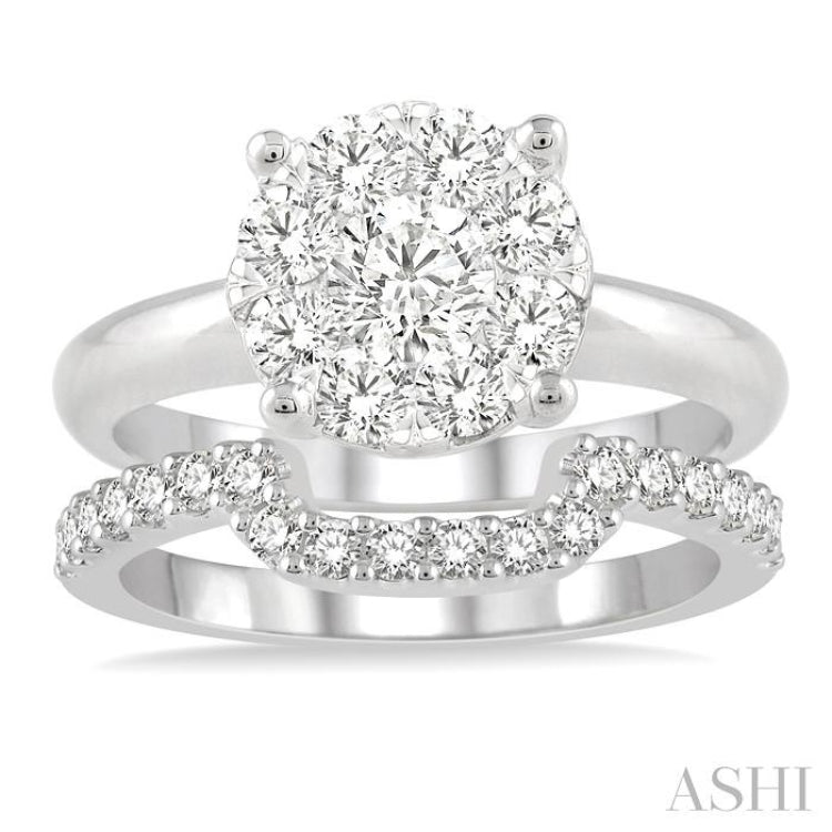 1 1/3 Ctw Lovebright Round Cut Diamond Wedding Set With 1 Ctw Circular Engagement Ring and 1/3 Ctw U-Shape Center Wedding Band in 14K White Gold