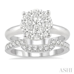 1 1/3 Ctw Lovebright Round Cut Diamond Wedding Set With 1 Ctw Circular Engagement Ring and 1/3 Ctw U-Shape Center Wedding Band in 14K White Gold