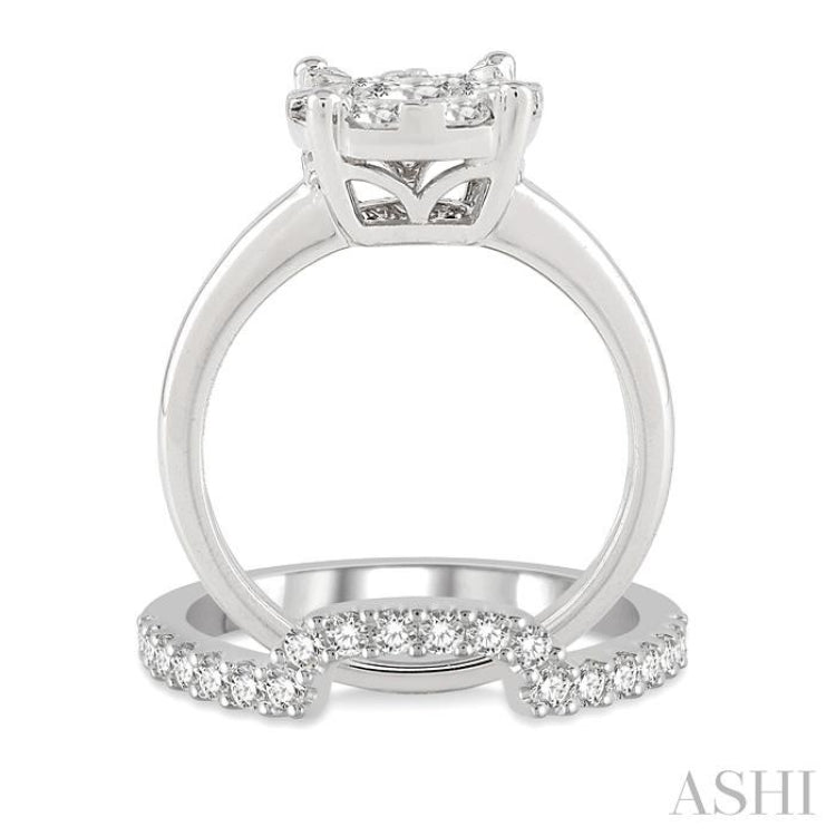 1 1/3 Ctw Lovebright Round Cut Diamond Wedding Set With 1 Ctw Circular Engagement Ring and 1/3 Ctw U-Shape Center Wedding Band in 14K White Gold