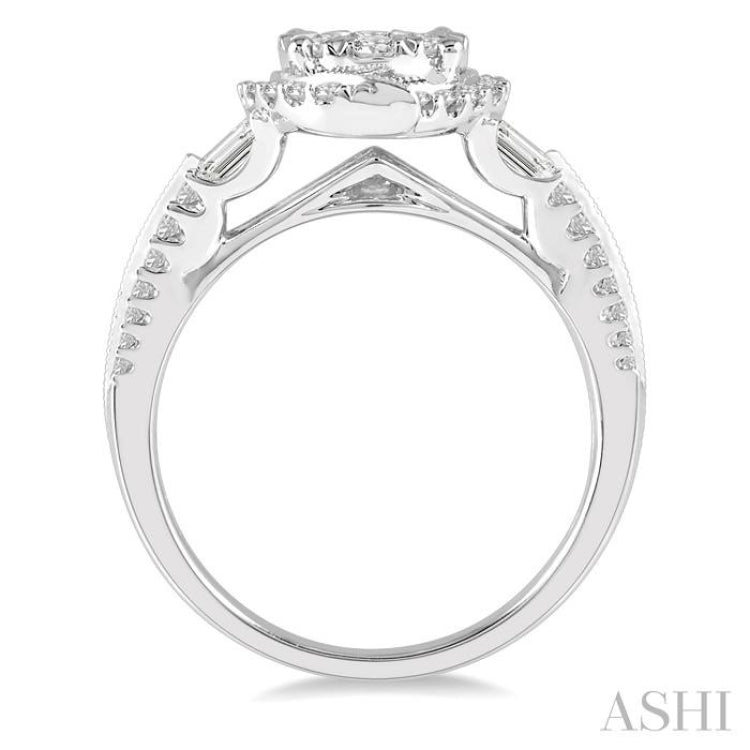 1 Ctw Round and Baguette Diamond Lovebright Engagement Ring in 14K White Gold
